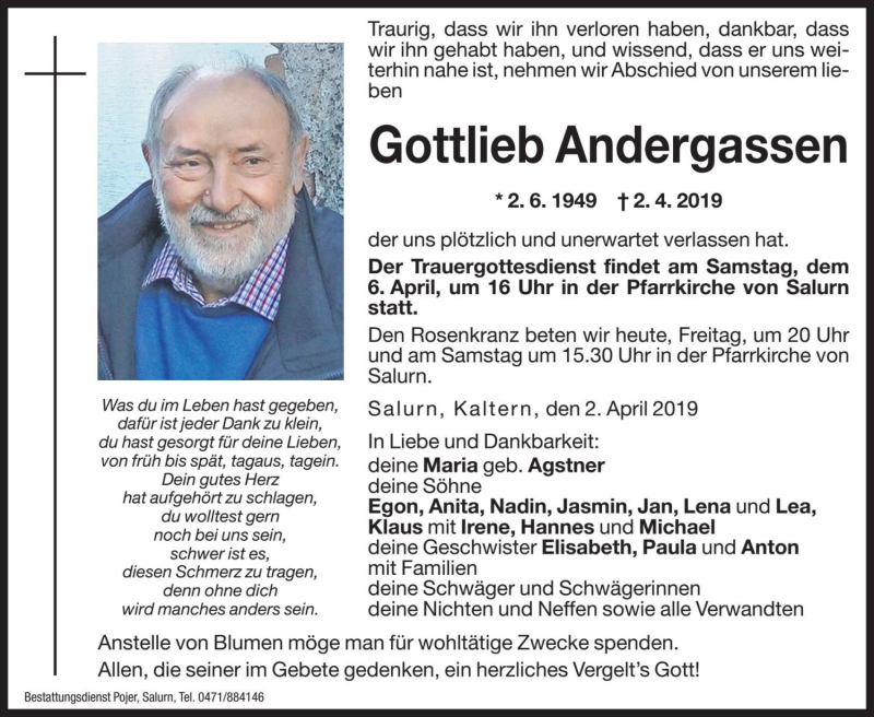  Traueranzeige für Gottlieb Andergassen vom 05.04.2019 aus Dolomiten