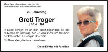 Traueranzeige von Greti Troger von Dolomiten