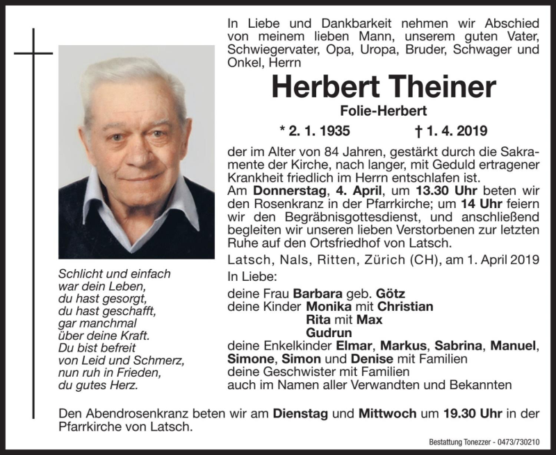  Traueranzeige für Herbert Theiner vom 02.04.2019 aus Dolomiten