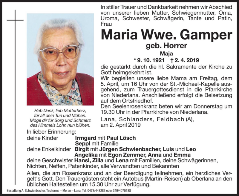  Traueranzeige für Maria Gamper vom 03.04.2019 aus Dolomiten