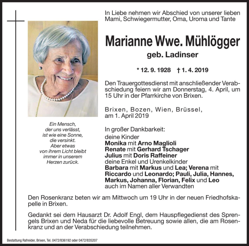  Traueranzeige für Marianne Mühlögger vom 02.04.2019 aus Dolomiten