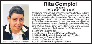 Traueranzeige von Rita Comploi von Dolomiten