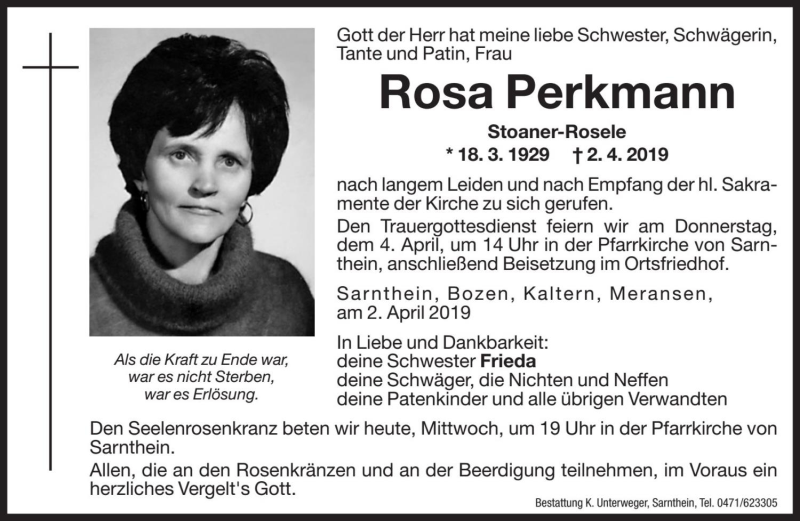  Traueranzeige für Rosa Perkmann vom 03.04.2019 aus Dolomiten