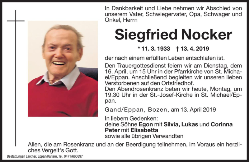  Traueranzeige für Siegfried Nocker vom 15.04.2019 aus Dolomiten