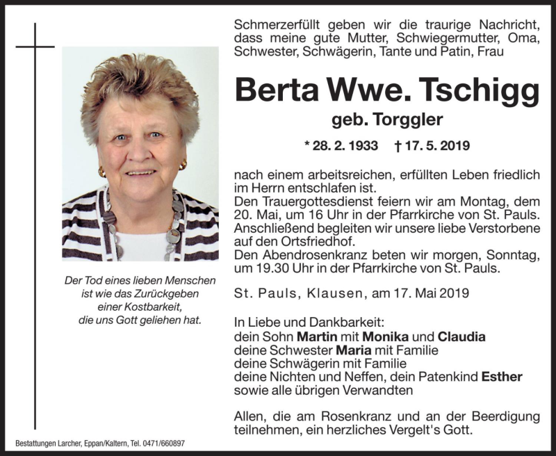  Traueranzeige für Berta Tschigg vom 18.05.2019 aus Dolomiten