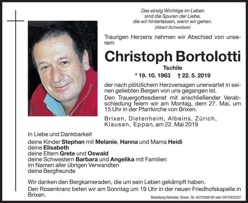  Traueranzeige für Christoph Bortolotti vom 25.05.2019 aus Dolomiten