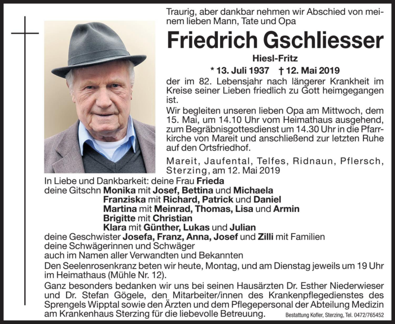  Traueranzeige für Friedrich Gschliesser  vom 13.05.2019 aus Dolomiten