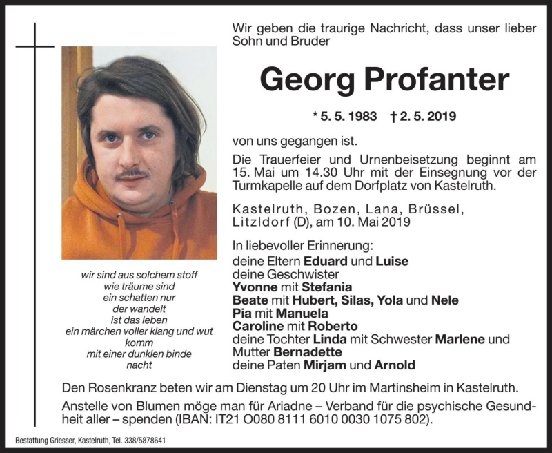  Traueranzeige für Georg Profanter   vom 13.05.2019 aus Dolomiten