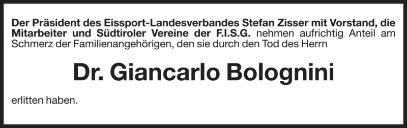  Traueranzeige für Giancarlo Bolognini vom 31.05.2019 aus Dolomiten