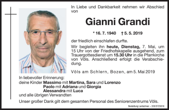 Traueranzeige von Gianni Grandi von Dolomiten