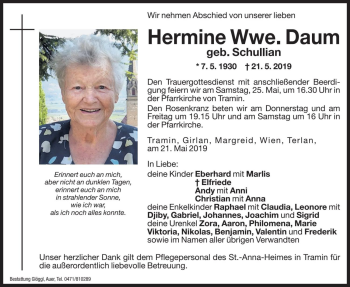 Traueranzeige von Hermine Daum von Dolomiten