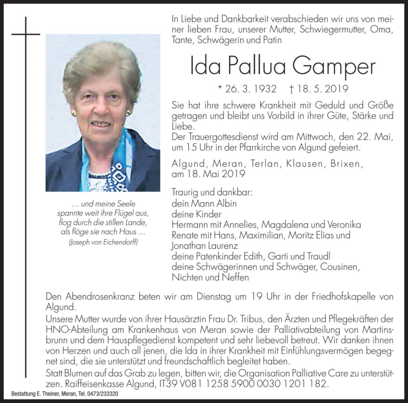  Traueranzeige für Ida Pallua Gamper vom 20.05.2019 aus Dolomiten