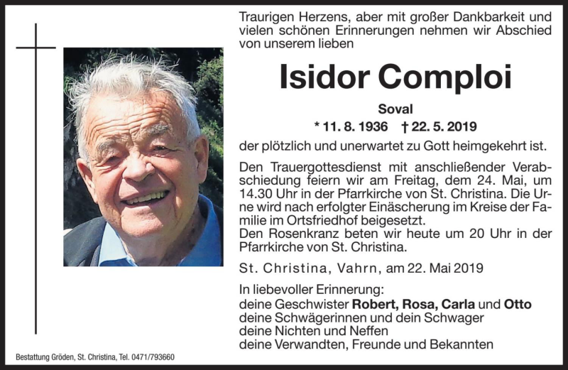  Traueranzeige für Isidor Comploi vom 23.05.2019 aus Dolomiten