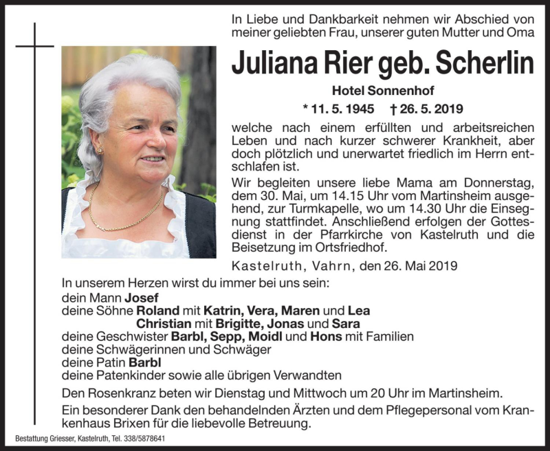  Traueranzeige für Juliana Rier vom 28.05.2019 aus Dolomiten