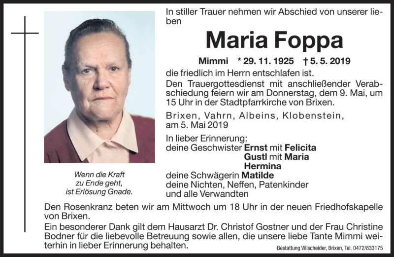  Traueranzeige für Maria Foppa vom 07.05.2019 aus Dolomiten