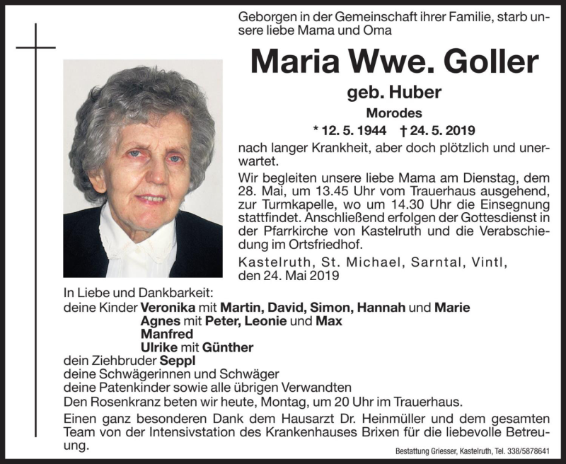 Traueranzeigen von Maria Goller | Trauer.bz