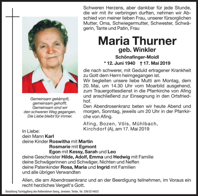  Traueranzeige für Maria Thurner vom 18.05.2019 aus Dolomiten