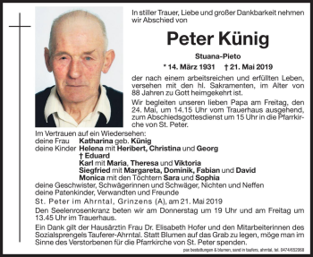 Traueranzeige von Peter Künig von Dolomiten