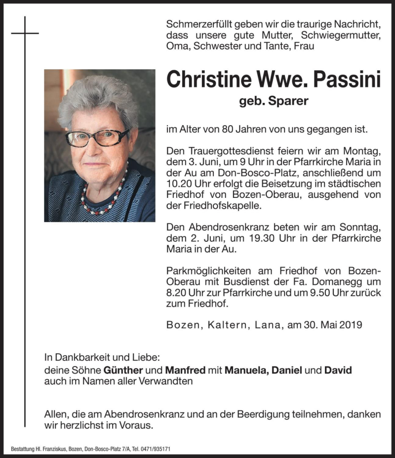  Traueranzeige für Christine Passini vom 01.06.2019 aus Dolomiten