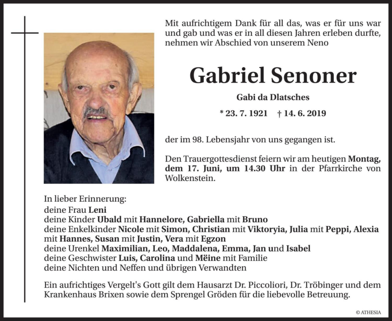  Traueranzeige für Gabriel Senoner vom 17.06.2019 aus Dolomiten