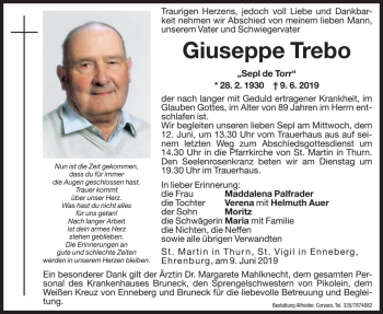 Traueranzeige von Giuseppe Trebo von Dolomiten