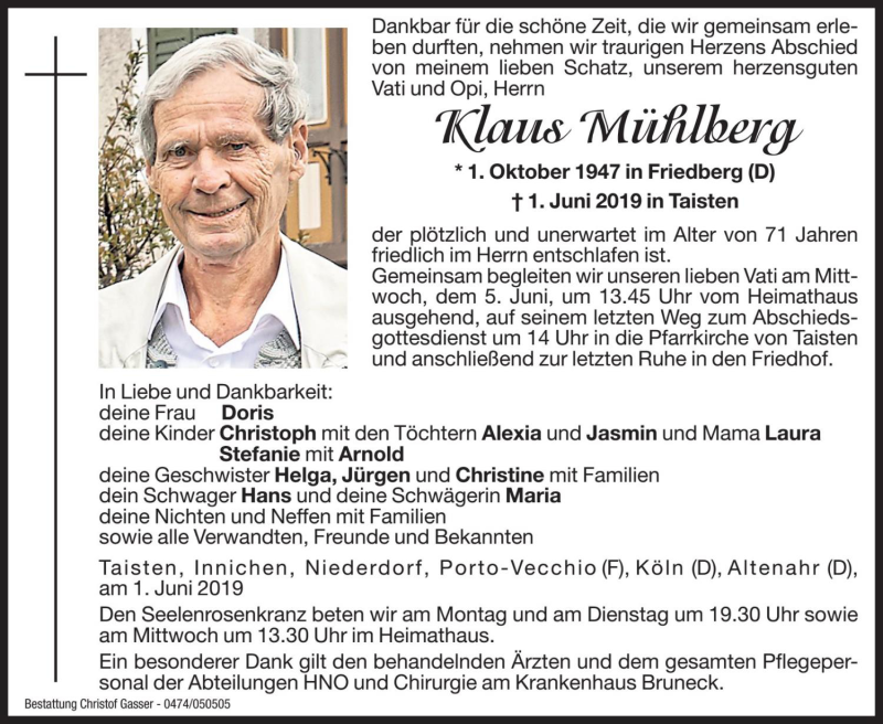  Traueranzeige für Klaus Mühlberg vom 03.06.2019 aus Dolomiten