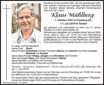 Traueranzeige von Klaus Mühlberg von Dolomiten