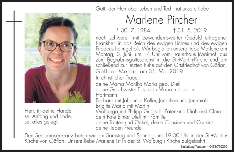  Traueranzeige für Marlene Pircher vom 01.06.2019 aus Dolomiten