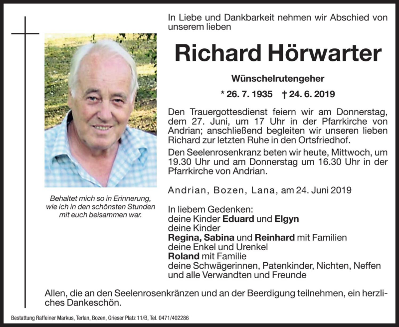  Traueranzeige für Richard Hörwarter vom 26.06.2019 aus Dolomiten