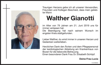 Traueranzeige von Walther Gianotti von Dolomiten
