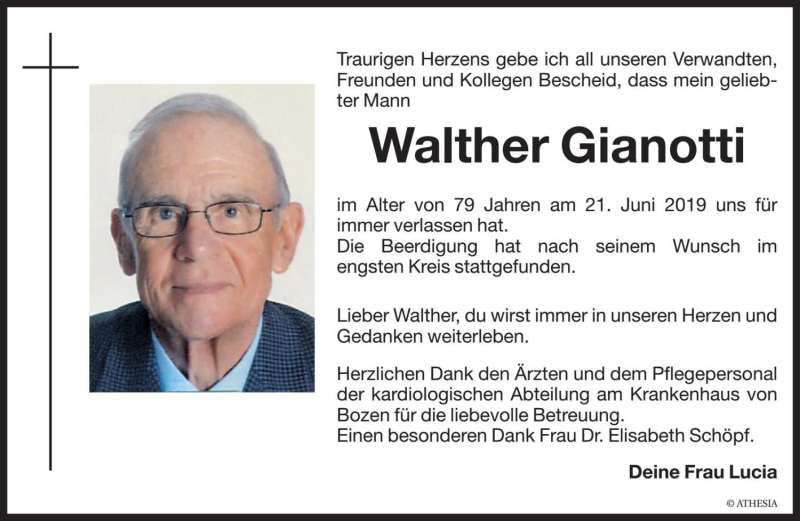  Traueranzeige für Walther Gianotti vom 26.06.2019 aus Dolomiten