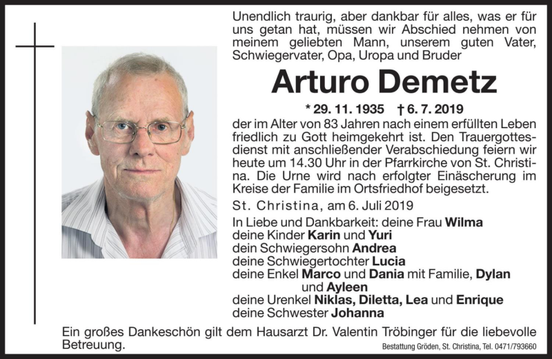  Traueranzeige für Arturo Demetz vom 08.07.2019 aus Dolomiten