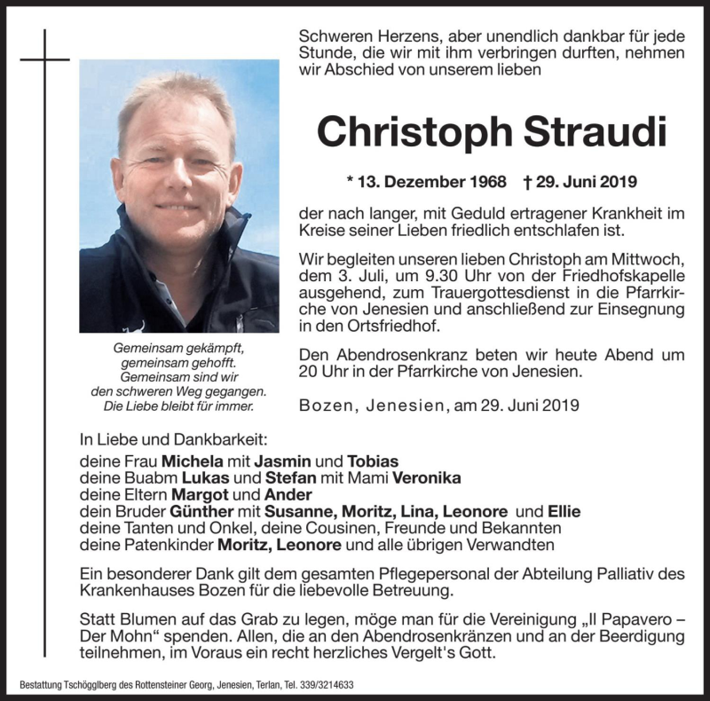  Traueranzeige für Christoph Straudi vom 02.07.2019 aus Dolomiten