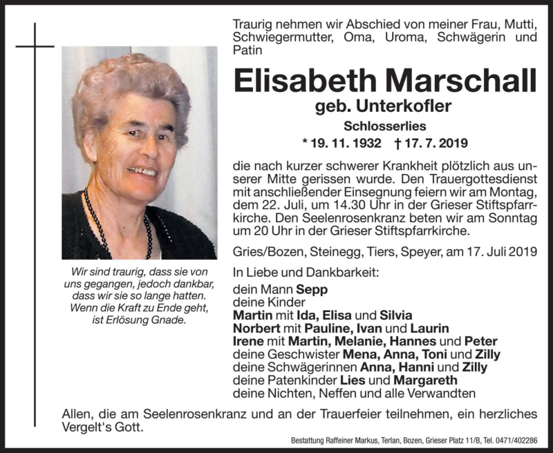  Traueranzeige für Elisabeth Marschall vom 19.07.2019 aus Dolomiten