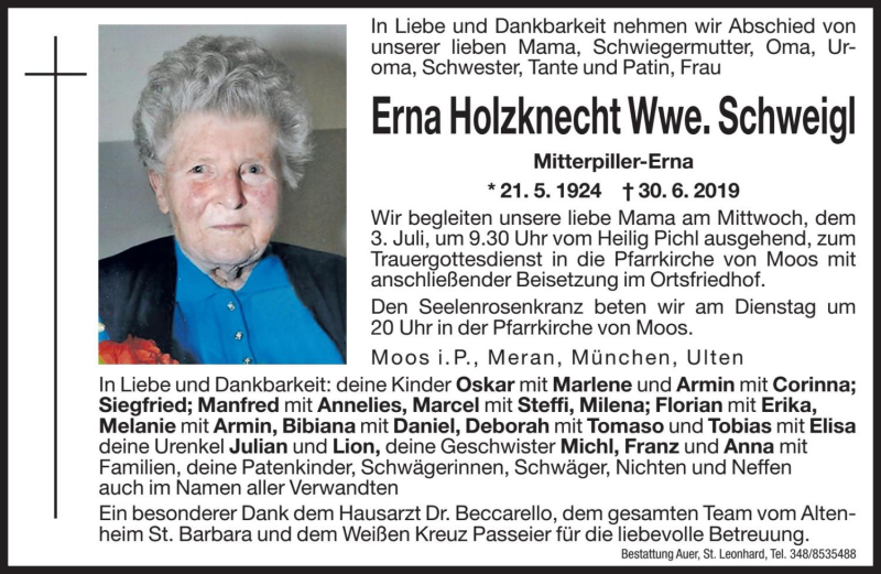  Traueranzeige für Erna Schweigl vom 02.07.2019 aus Dolomiten