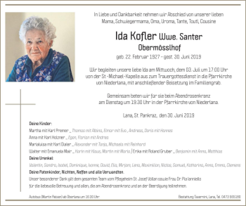 Traueranzeige von Ida Santer von Dolomiten