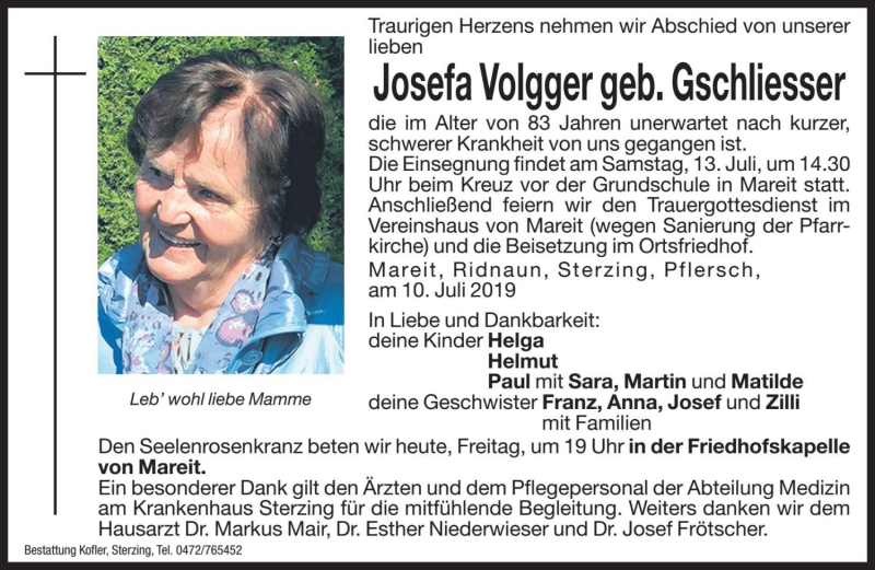  Traueranzeige für Josefa Volgger vom 12.07.2019 aus Dolomiten