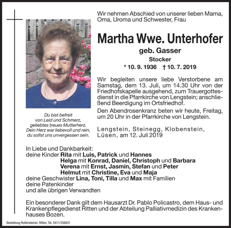  Traueranzeige für Martha Unterhofer vom 12.07.2019 aus Dolomiten