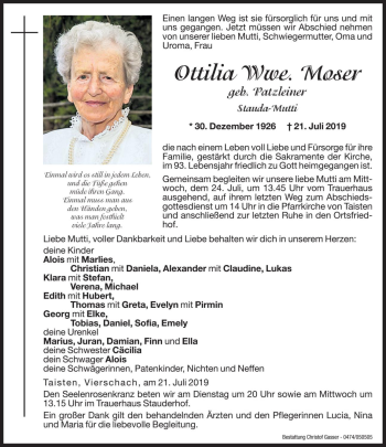 Traueranzeige von Ottilia Moser von Dolomiten