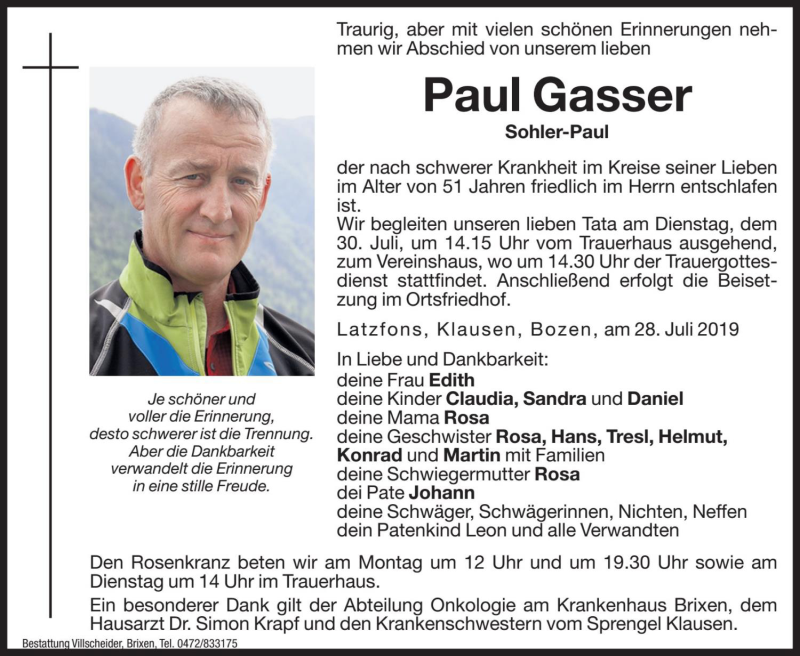  Traueranzeige für Paul Gasser vom 29.07.2019 aus Dolomiten