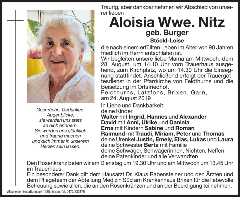  Traueranzeige für Aloisia Nitz vom 26.08.2019 aus Dolomiten