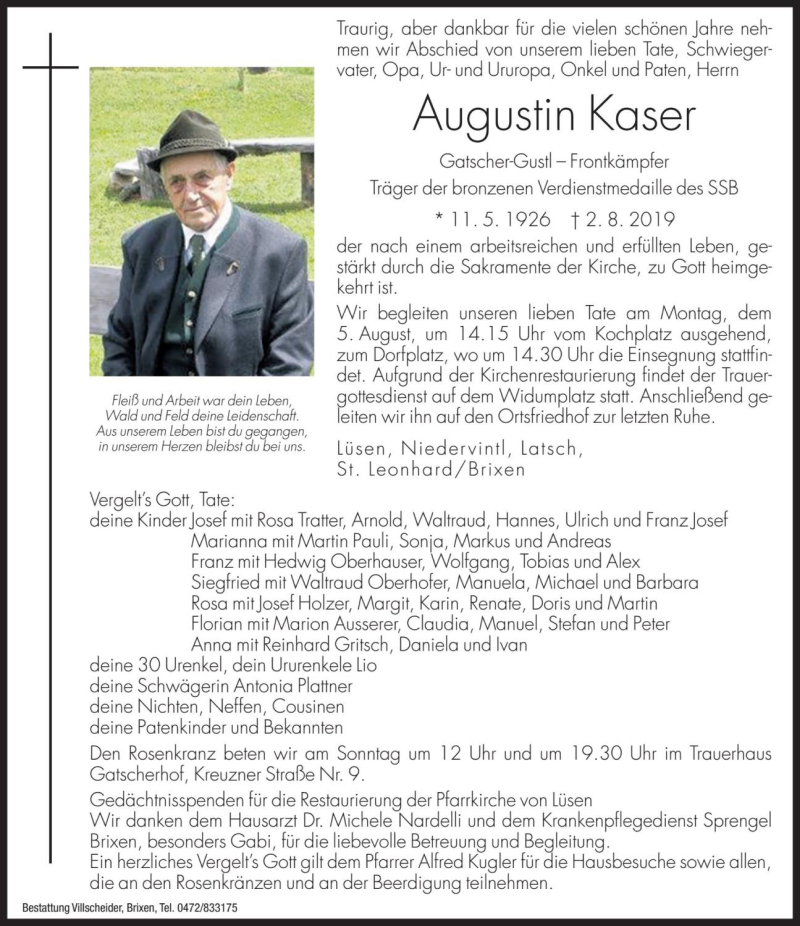  Traueranzeige für Augustin Kaser vom 05.08.2019 aus Dolomiten