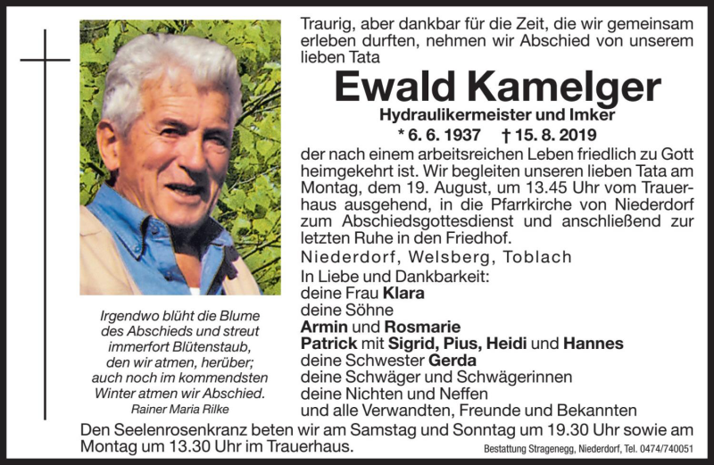  Traueranzeige für Ewald Kamelger vom 17.08.2019 aus Dolomiten