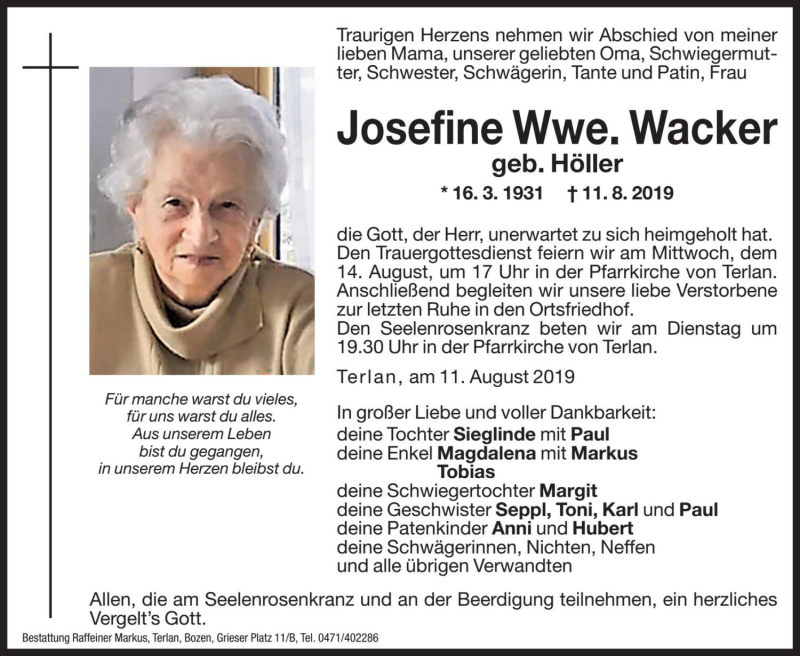  Traueranzeige für Josefine Wacker vom 12.08.2019 aus Dolomiten