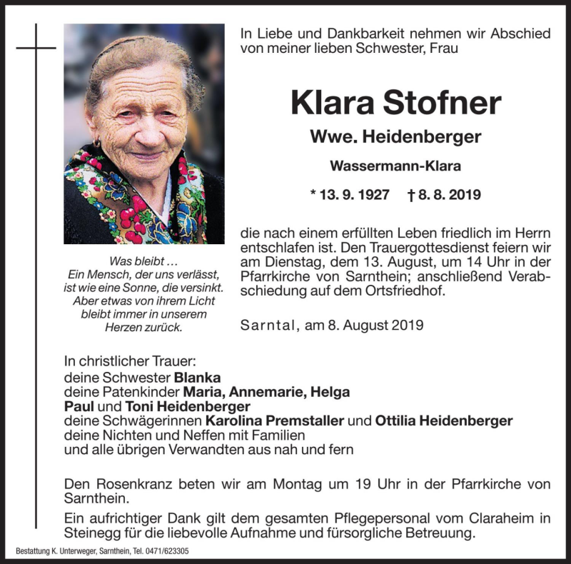  Traueranzeige für Klara Heidenberger vom 12.08.2019 aus Dolomiten