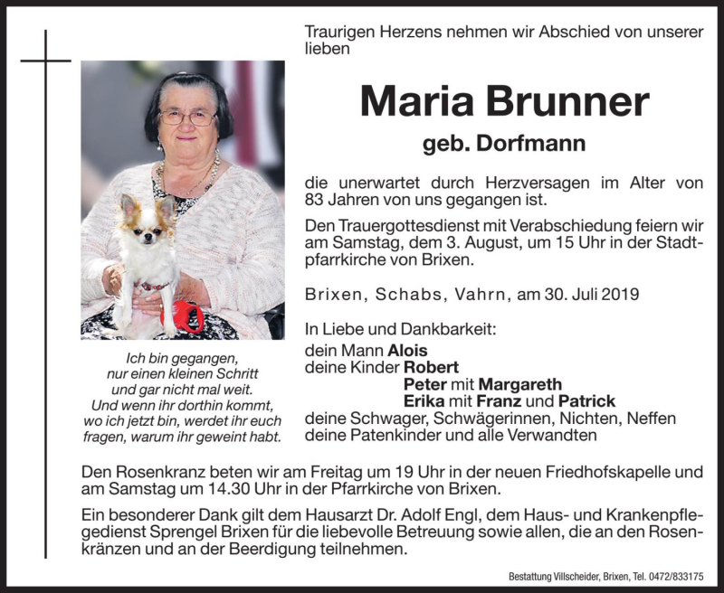  Traueranzeige für Maria Brunner vom 02.08.2019 aus Dolomiten