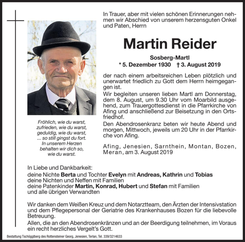  Traueranzeige für Martin Reider vom 06.08.2019 aus Dolomiten