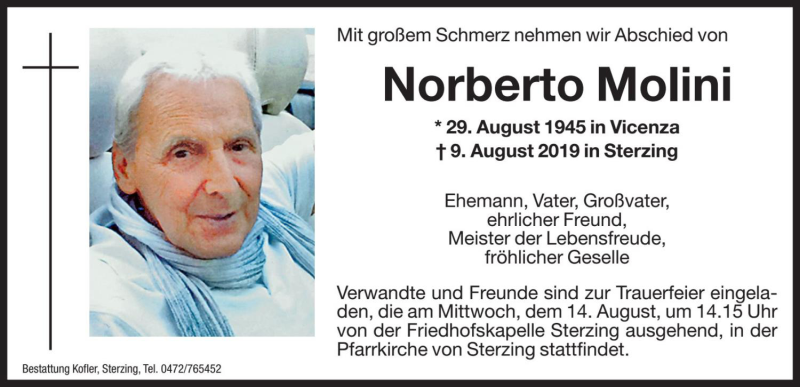  Traueranzeige für Norberto Molini vom 12.08.2019 aus Dolomiten