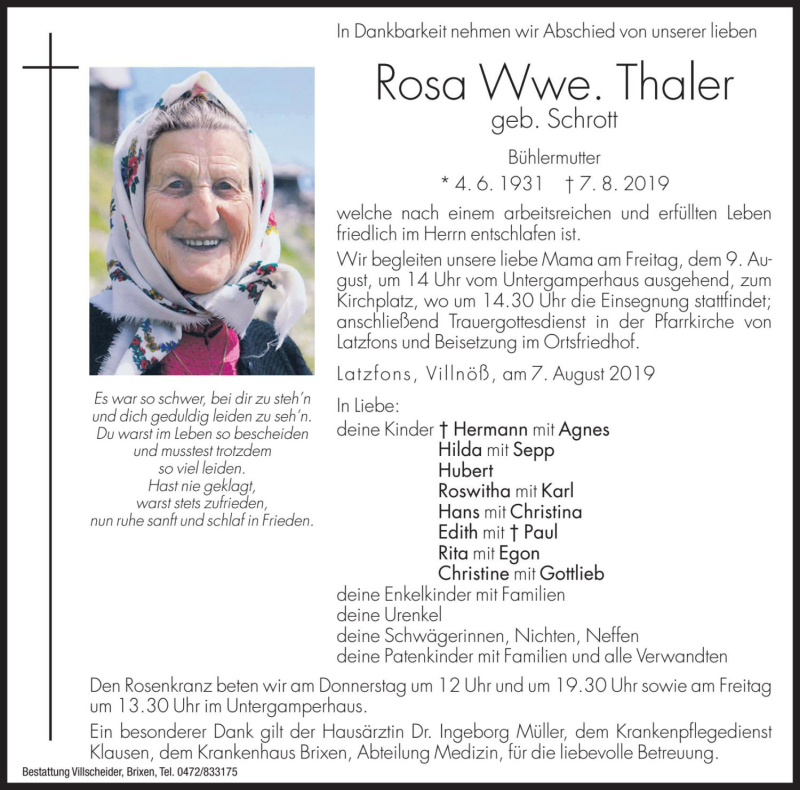  Traueranzeige für Rosa Thaler vom 08.08.2019 aus Dolomiten
