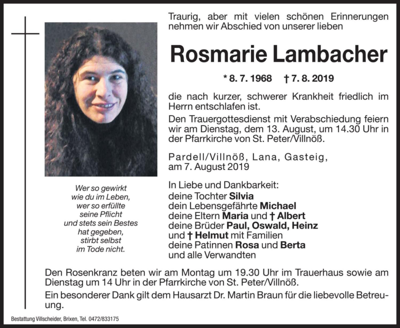  Traueranzeige für Rosmarie Lambacher vom 10.08.2019 aus Dolomiten